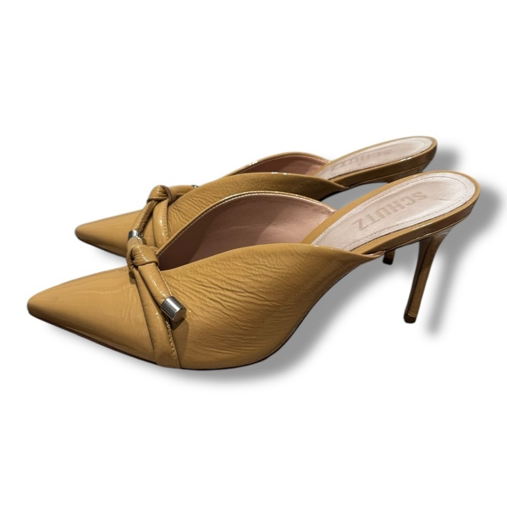 SCHUTZ Mustard Yellow Pointed Toe Knotted Mule Heels